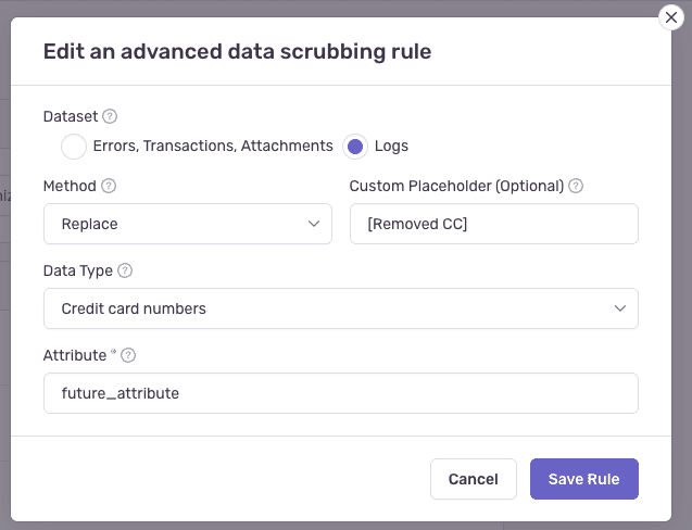 Edit dialog showing an existing rule with custom placeholder and attribute configuration